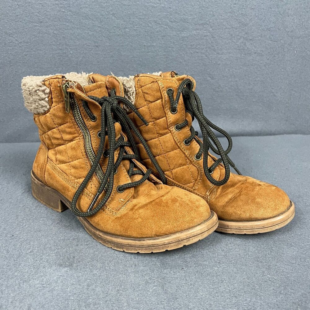 Steve Madden Girls US 3 Brown Leather Faux Shearling Collar Lace Up Snow Boots